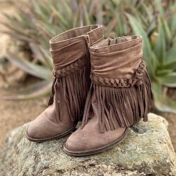 Shoes - Darling Fringe Boots in Vegan Bullhide